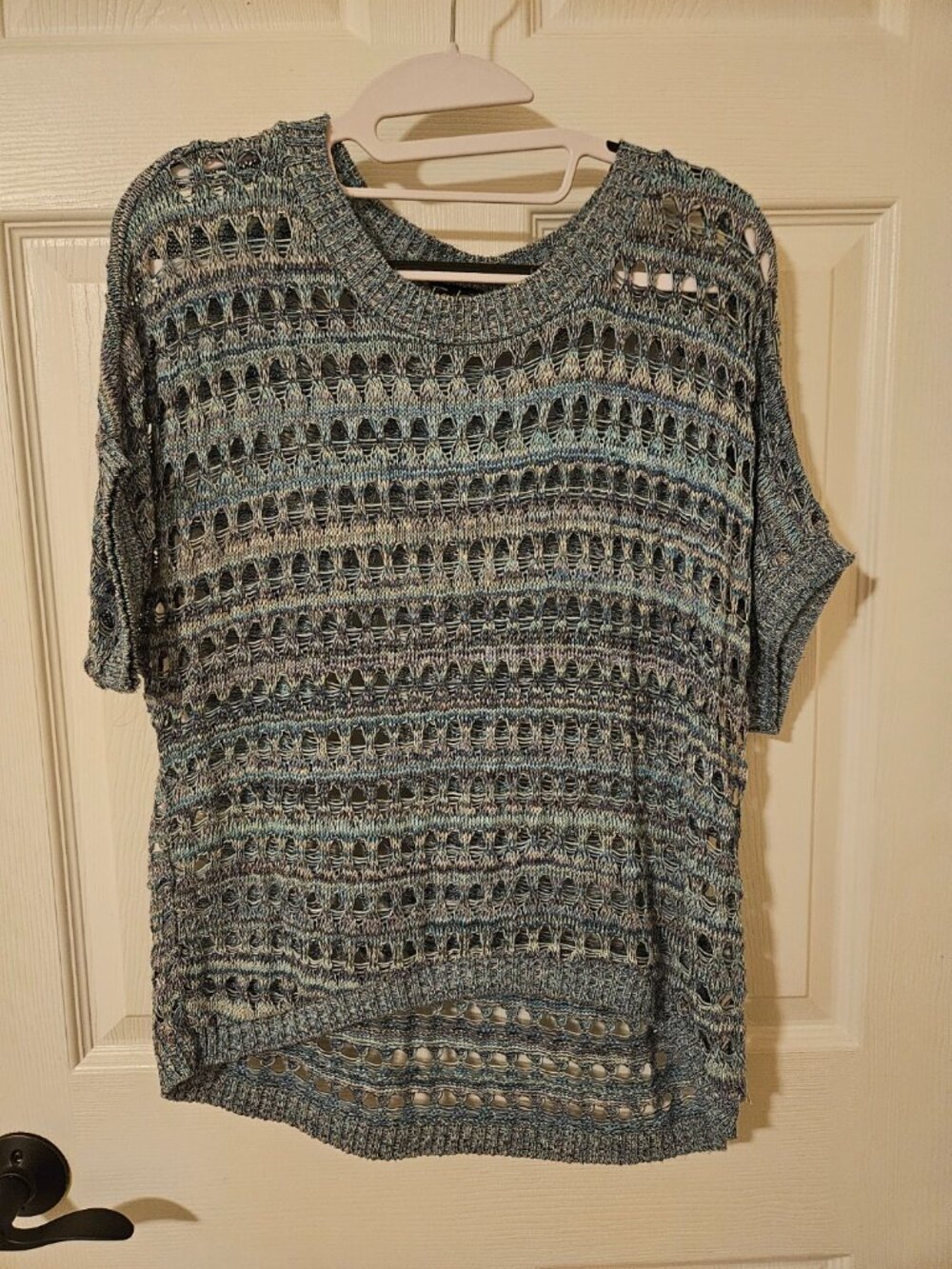 Vintage Take Out Blue Marled Open Knit Short Sleeve Sweater (Medium)